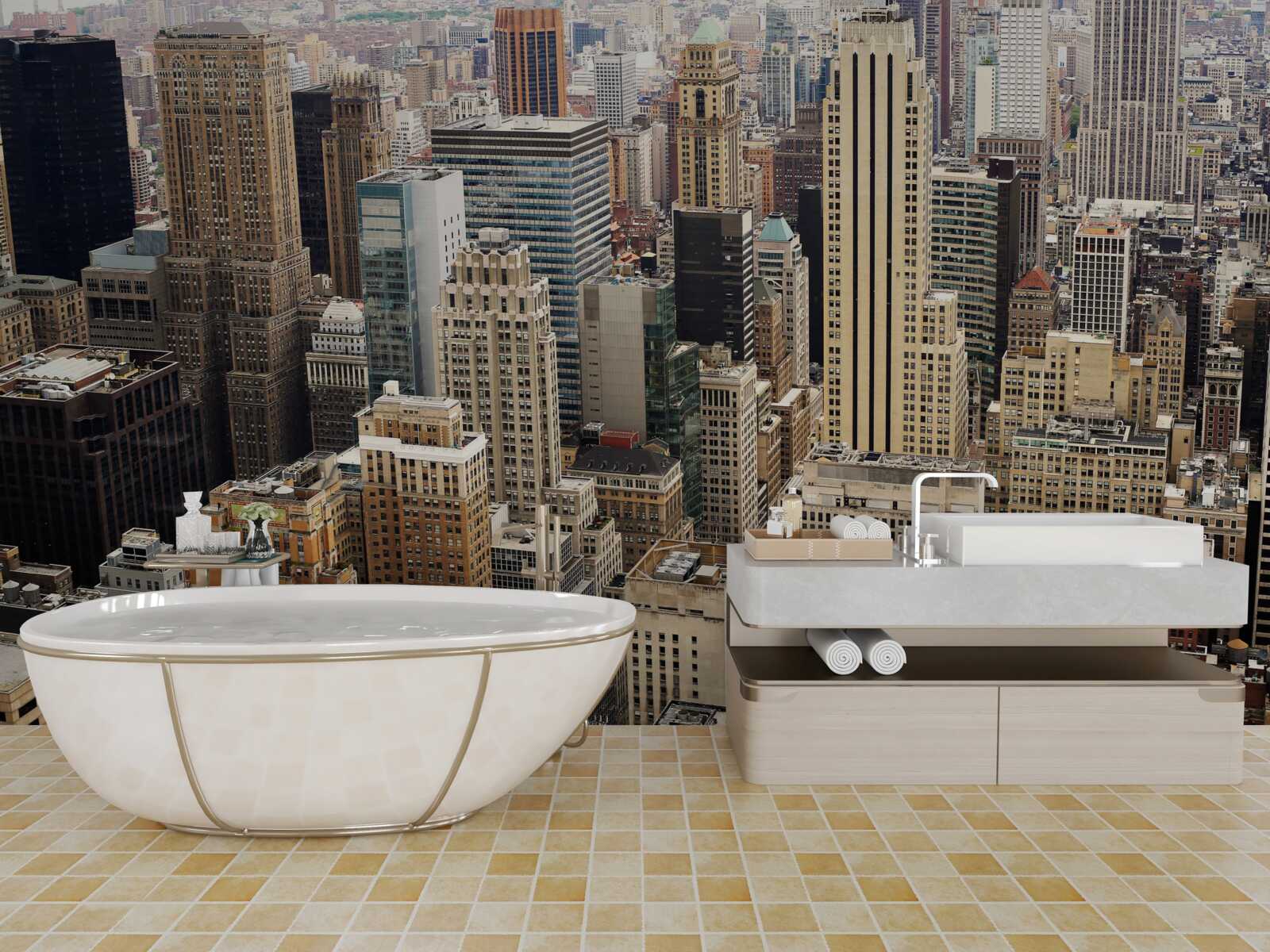 Fotobehang uitzicht op grootstedelijke architectuur vanaf de stoeprand