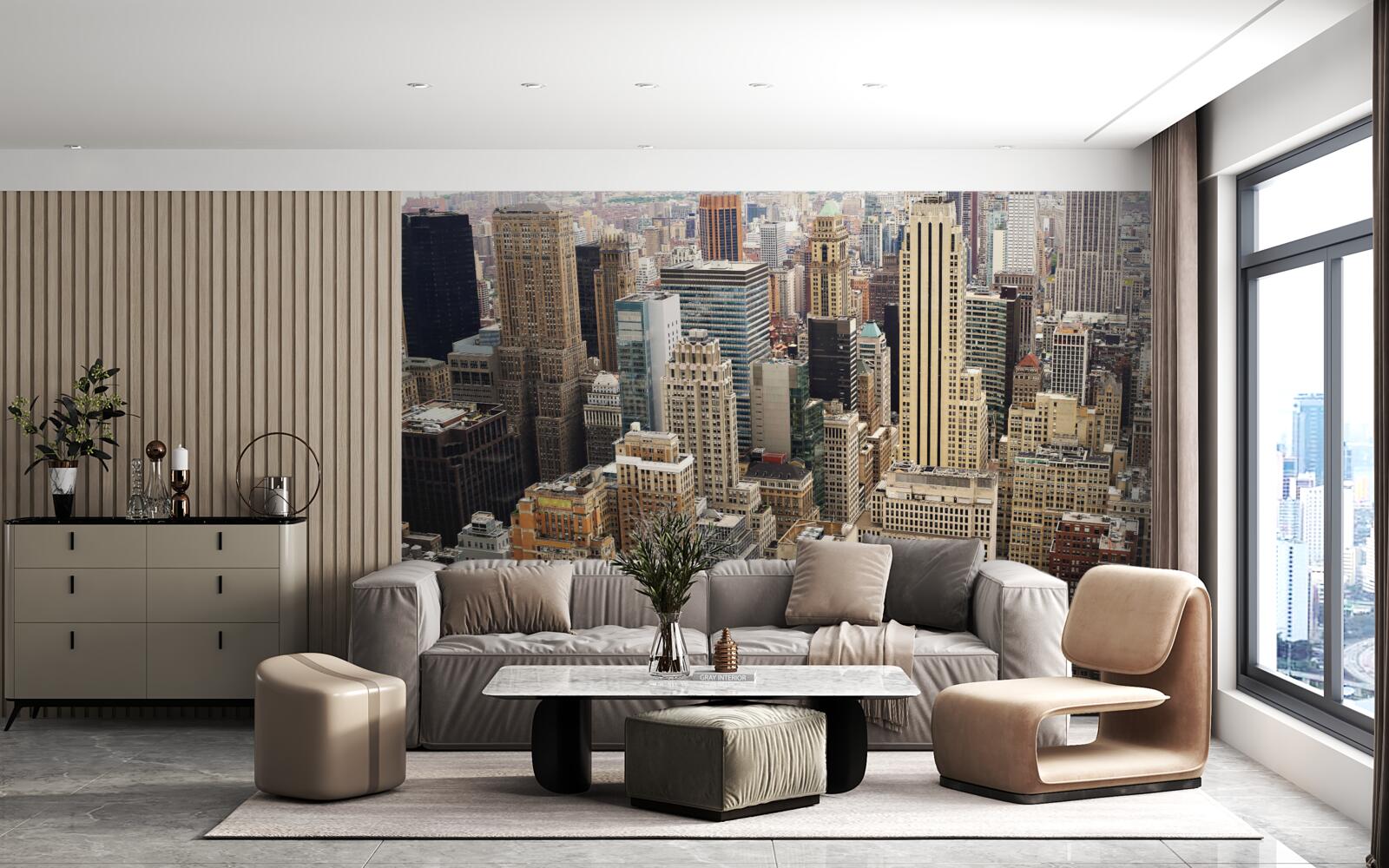 Fotobehang uitzicht op grootstedelijke architectuur vanaf de stoeprand