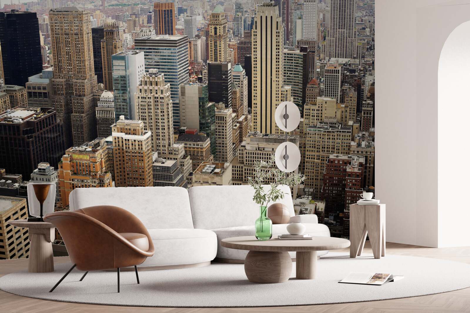 Fotobehang uitzicht op grootstedelijke architectuur vanaf de stoeprand