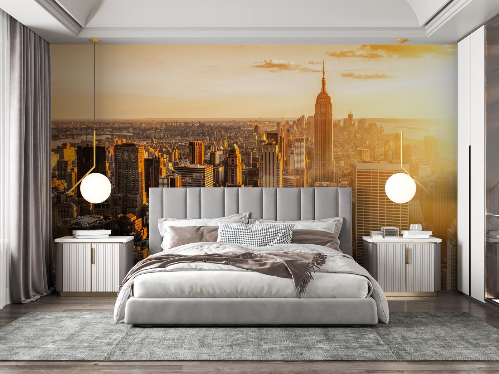 Fotobehang wolkenkrabbers van new york in het licht van de ondergaande zon