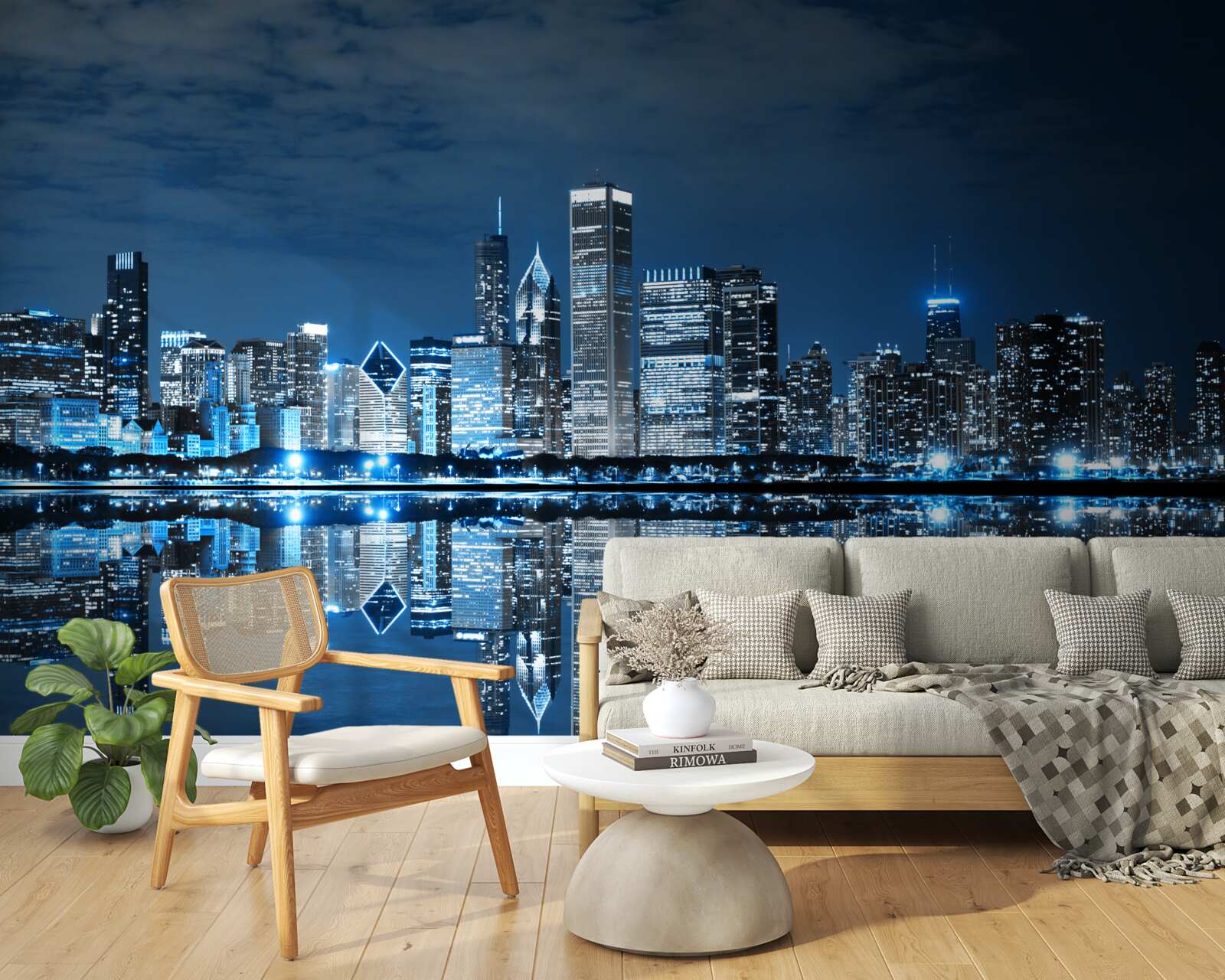 Fotobehang reflectie van de stadslichten op het wateroppervlak 's nachts