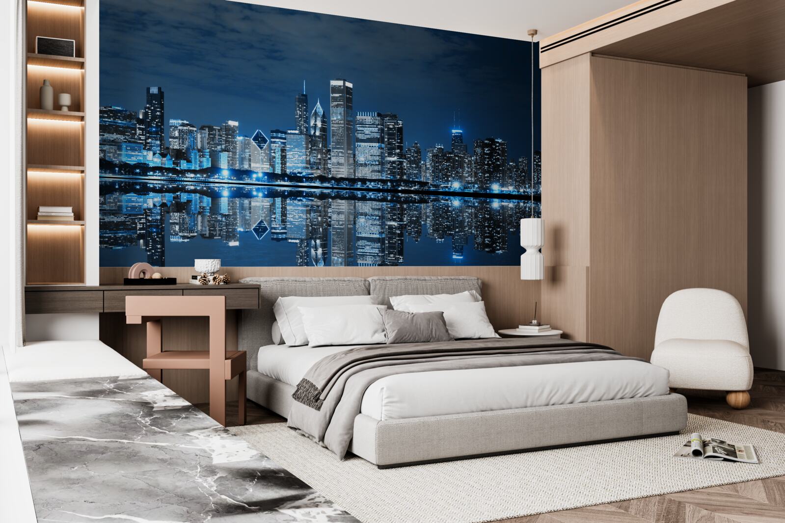 Fotobehang reflectie van de stadslichten op het wateroppervlak 's nachts