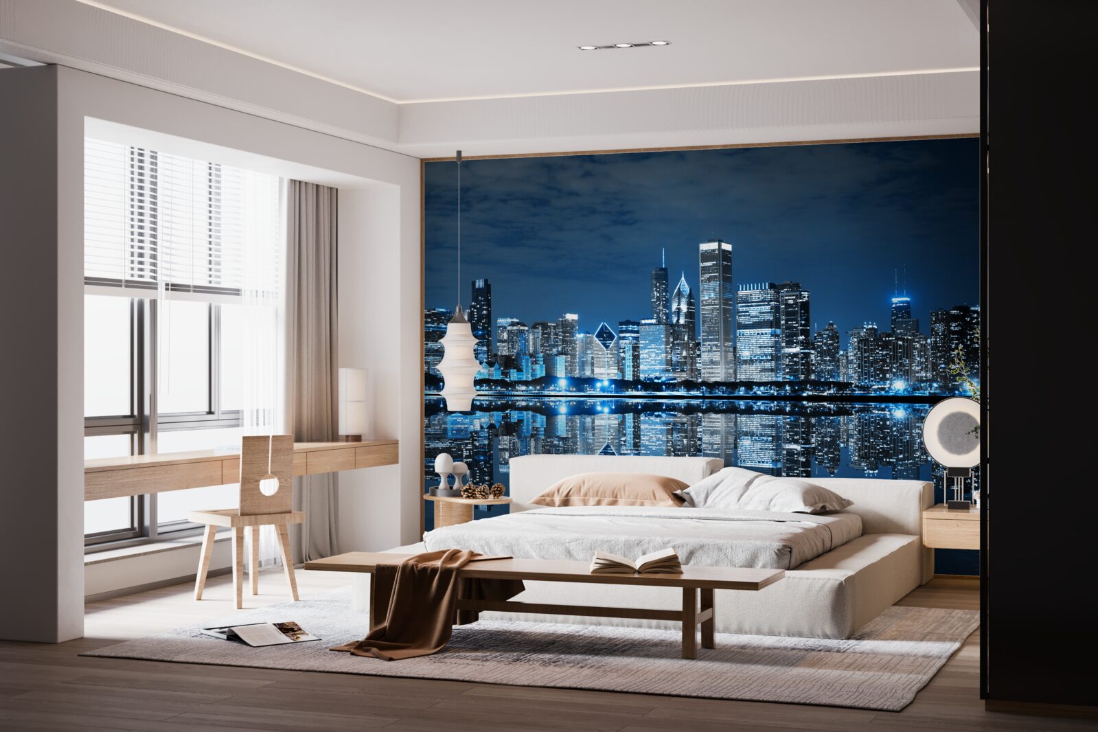 Fotobehang reflectie van de stadslichten op het wateroppervlak 's nachts