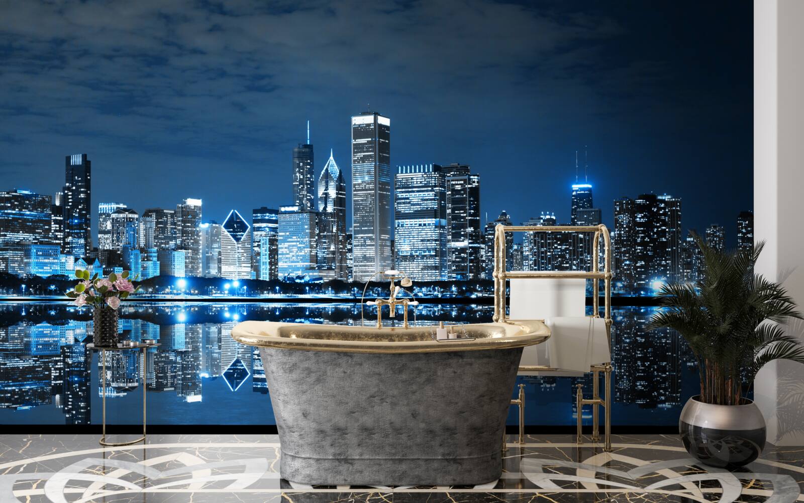 Fotobehang reflectie van de stadslichten op het wateroppervlak 's nachts