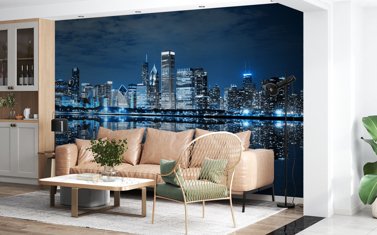 Fotobehang reflectie van de stadslichten op het wateroppervlak 's nachts