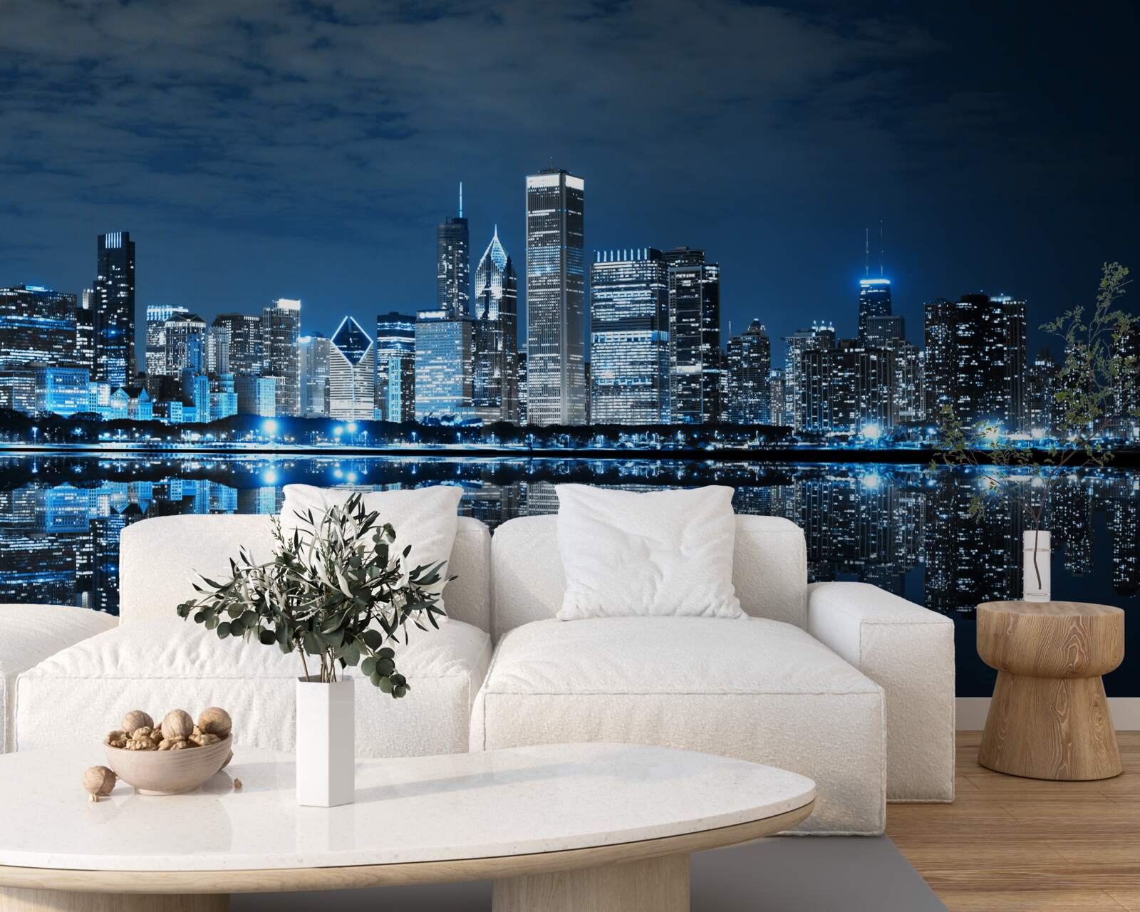 Fotobehang reflectie van de stadslichten op het wateroppervlak 's nachts