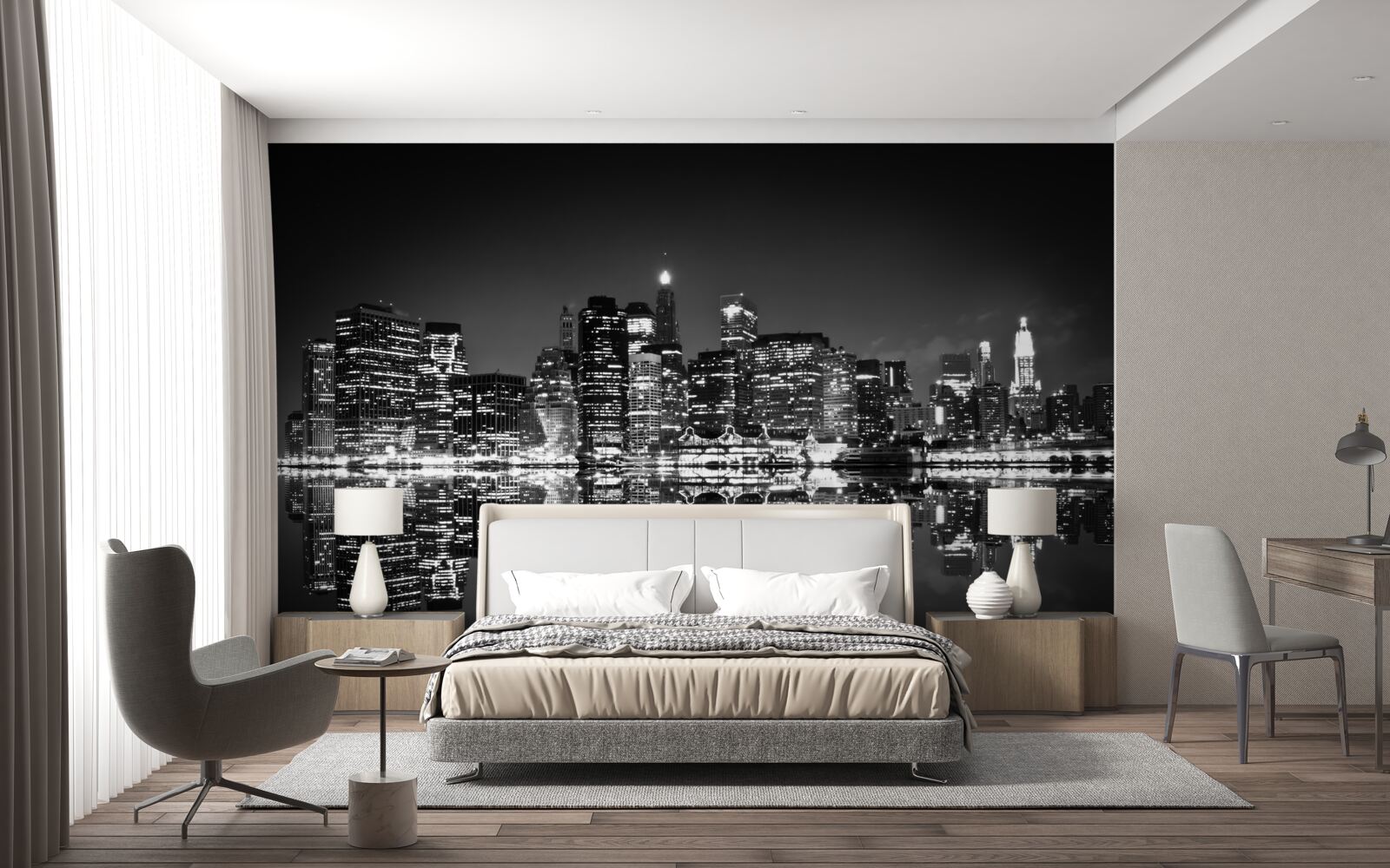 Fotobehang grote stad weerspiegelt in water