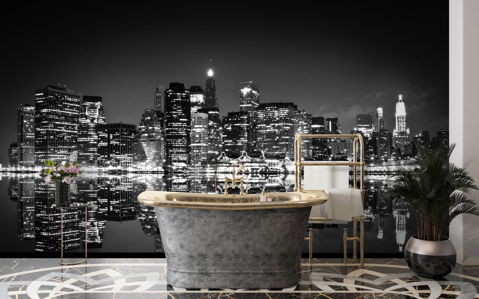 Fotobehang grote stad weerspiegelt in water