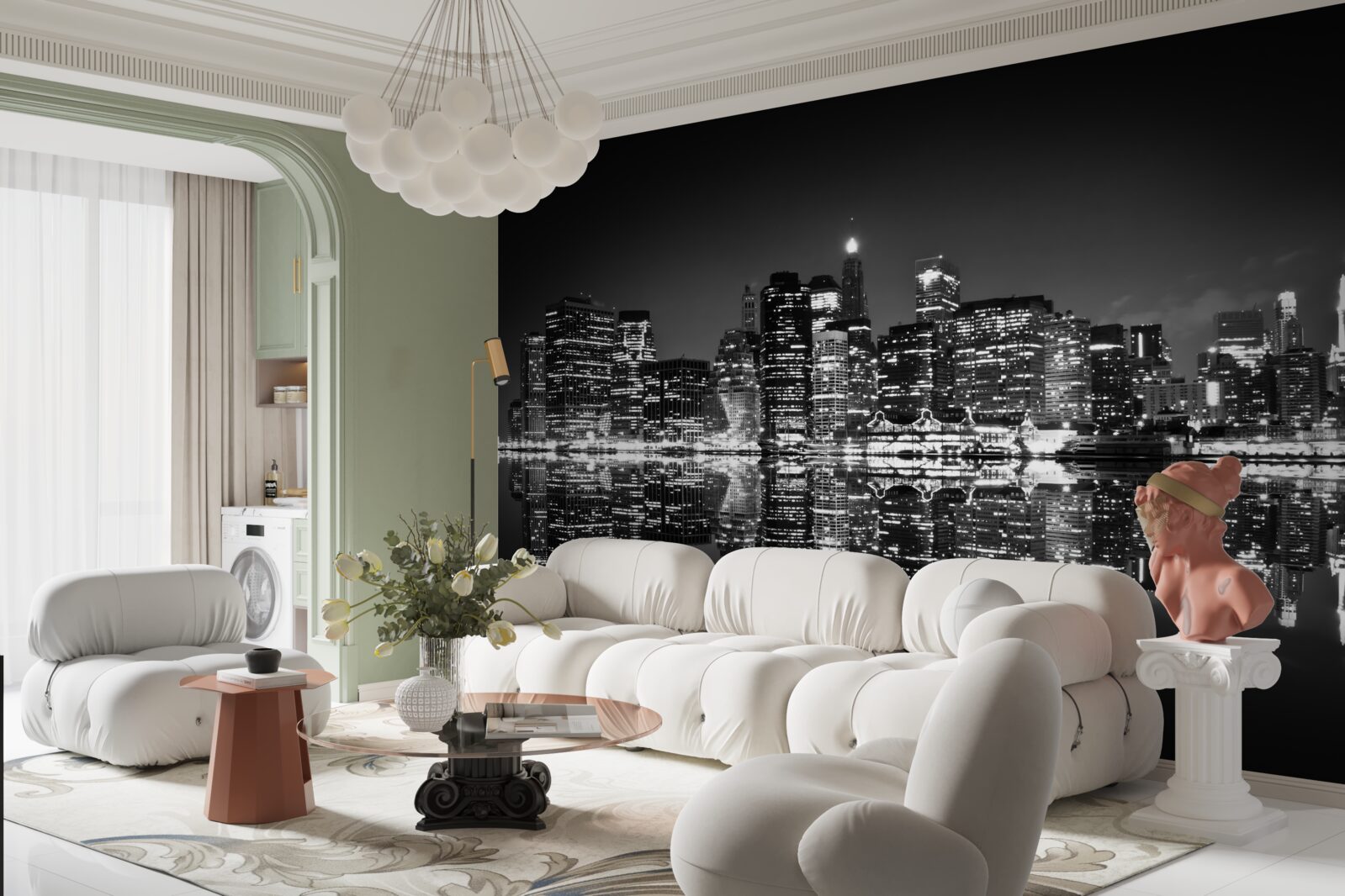 Fotobehang grote stad weerspiegelt in water