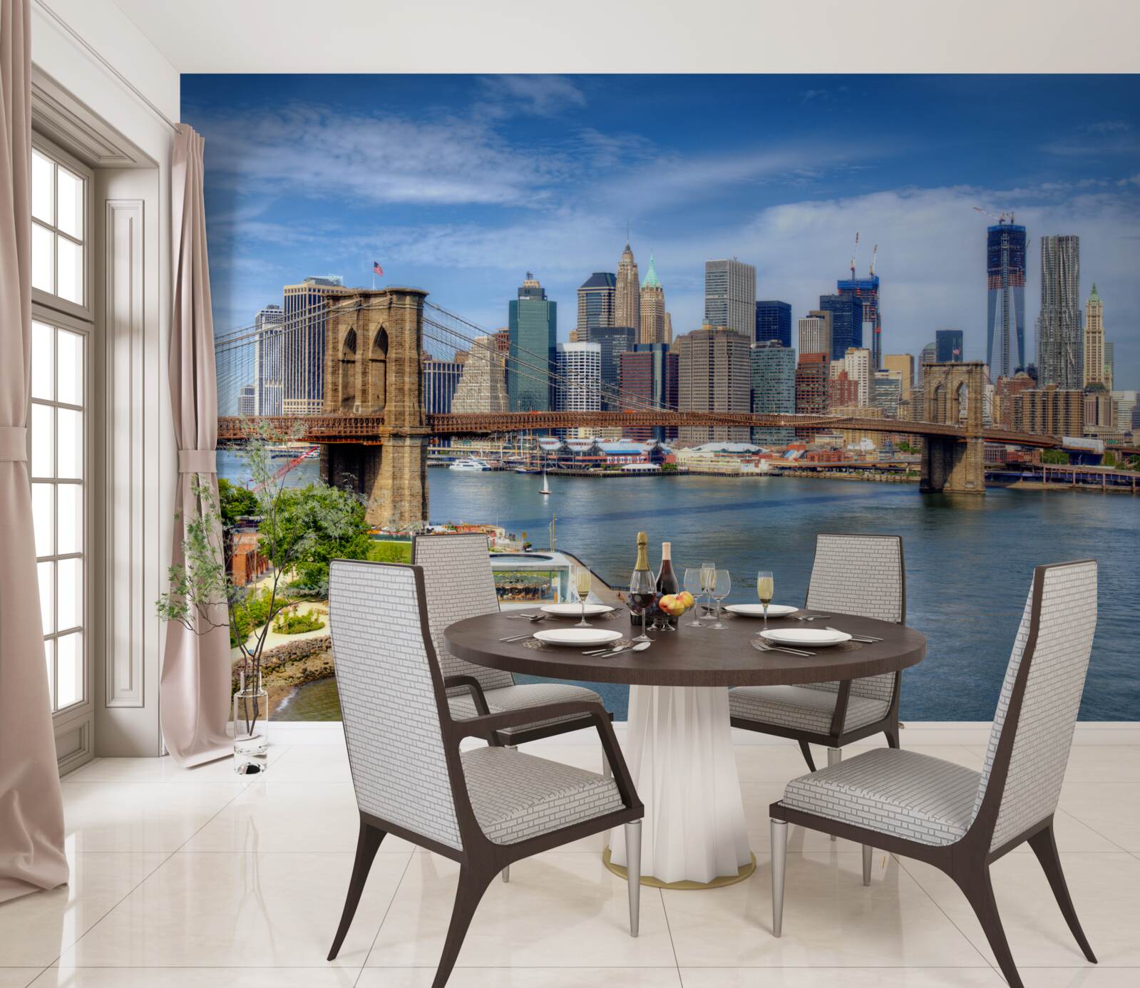Fotobehang Brooklyn Bridge, gebouwd van steen en wolkenkrabbers in de stad