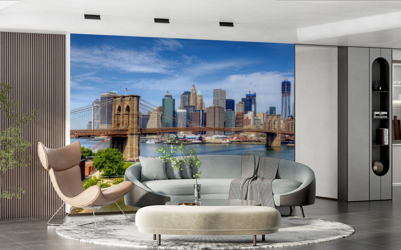 Fotobehang Brooklyn Bridge, gebouwd van steen en wolkenkrabbers in de stad