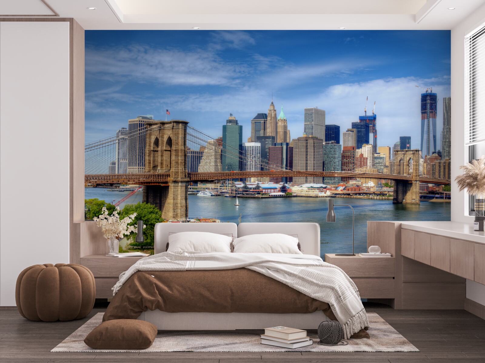 Fotobehang Brooklyn Bridge, gebouwd van steen en wolkenkrabbers in de stad