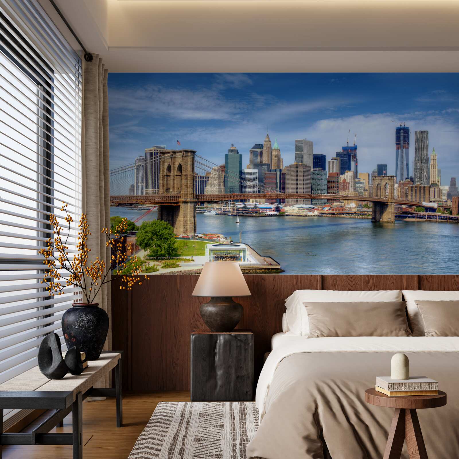 Fotobehang Brooklyn Bridge, gebouwd van steen en wolkenkrabbers in de stad