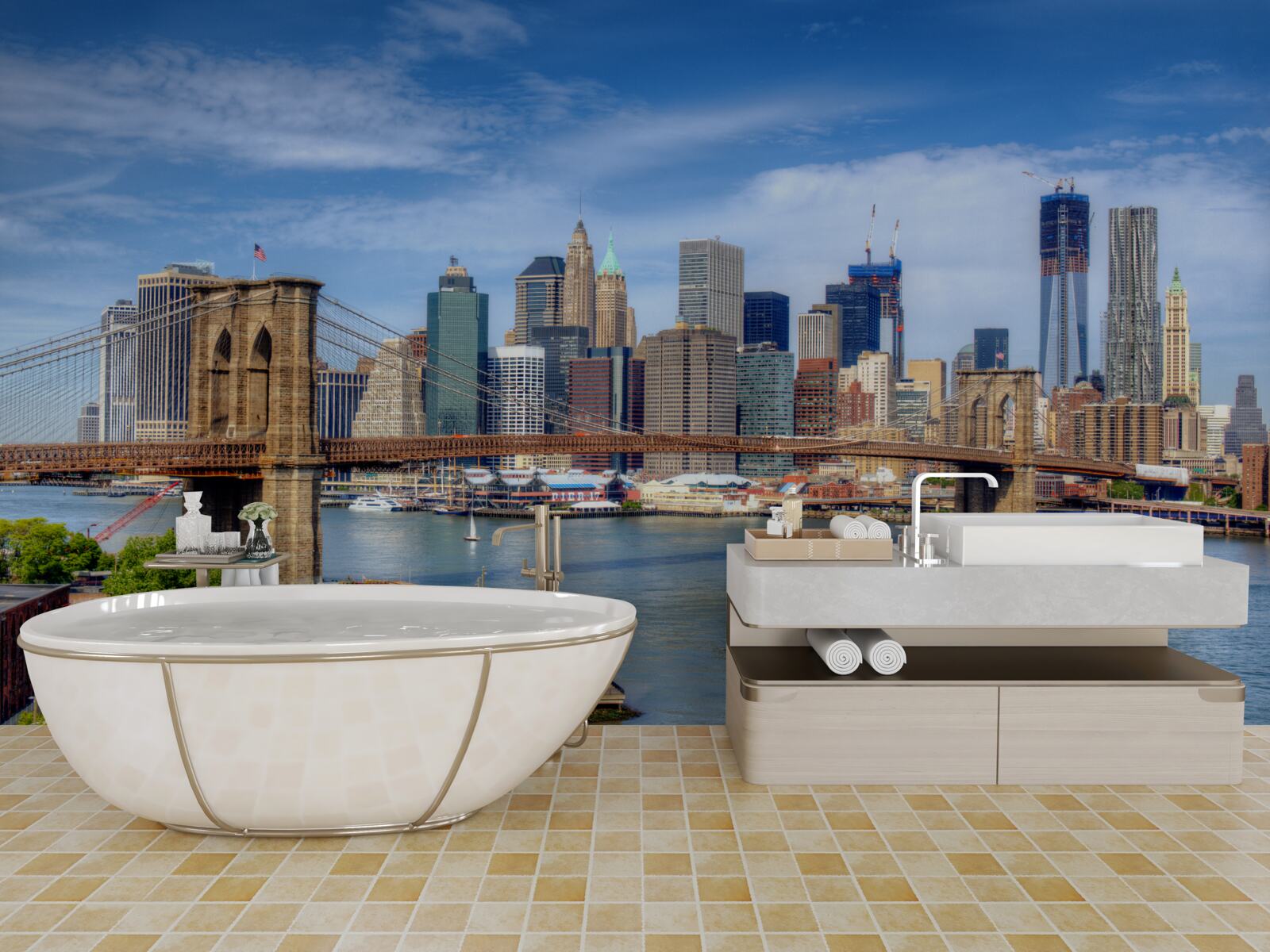 Fotobehang Brooklyn Bridge, gebouwd van steen en wolkenkrabbers in de stad