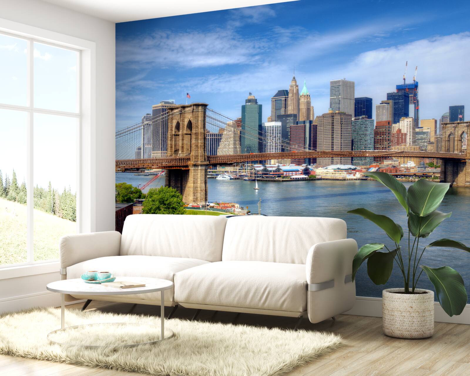 Fotobehang Brooklyn Bridge, gebouwd van steen en wolkenkrabbers in de stad