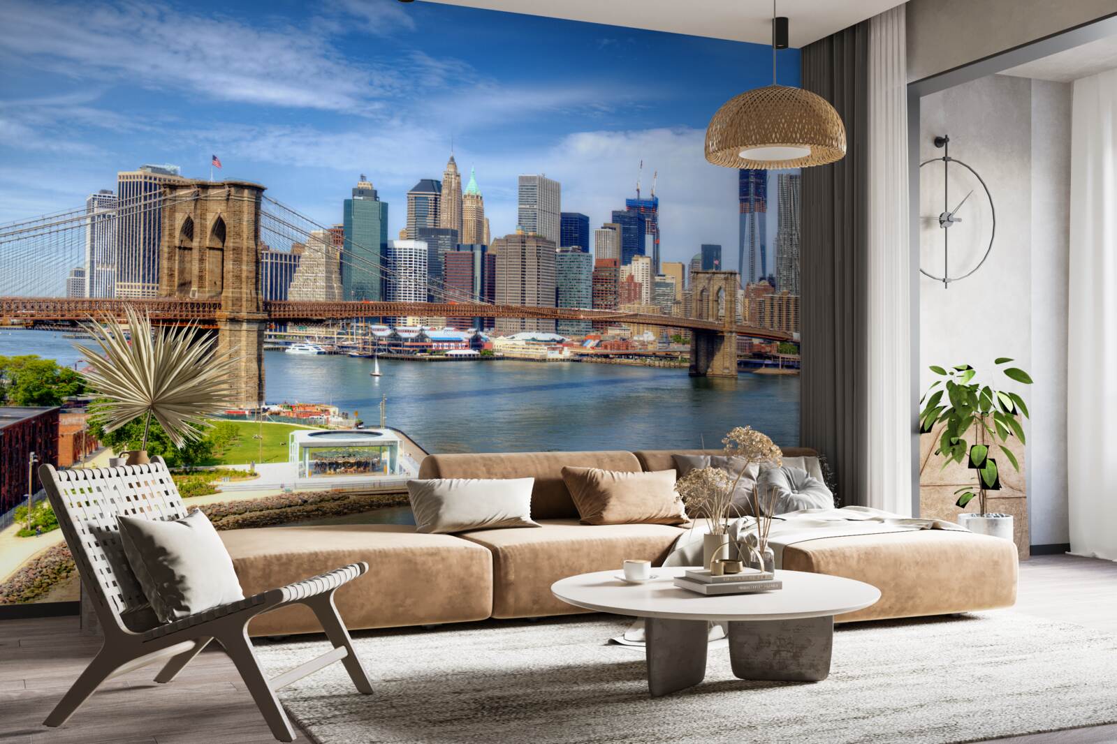 Fotobehang Brooklyn Bridge, gebouwd van steen en wolkenkrabbers in de stad