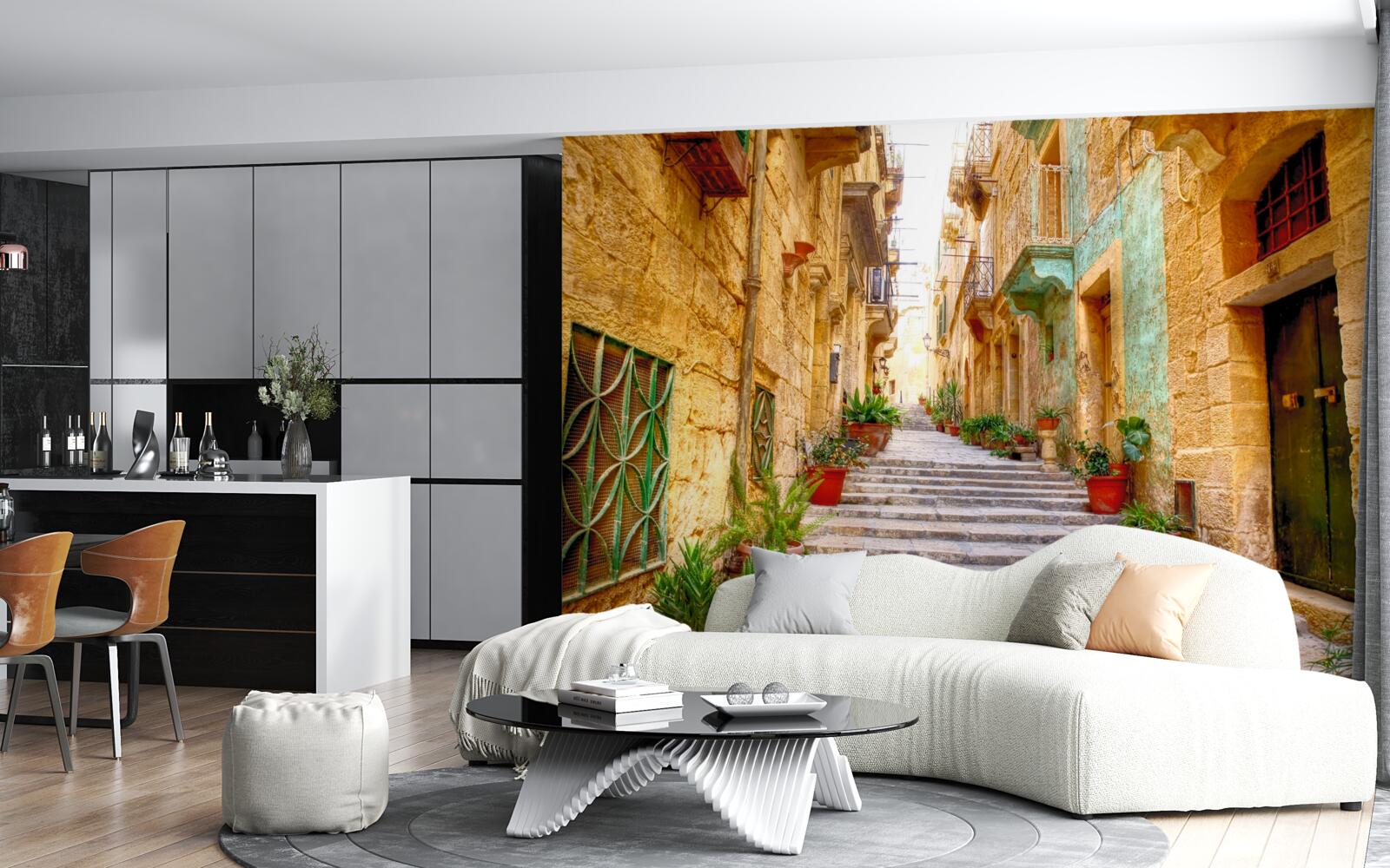 Fotobehang italiaanse straat versierd met bloemen is smal