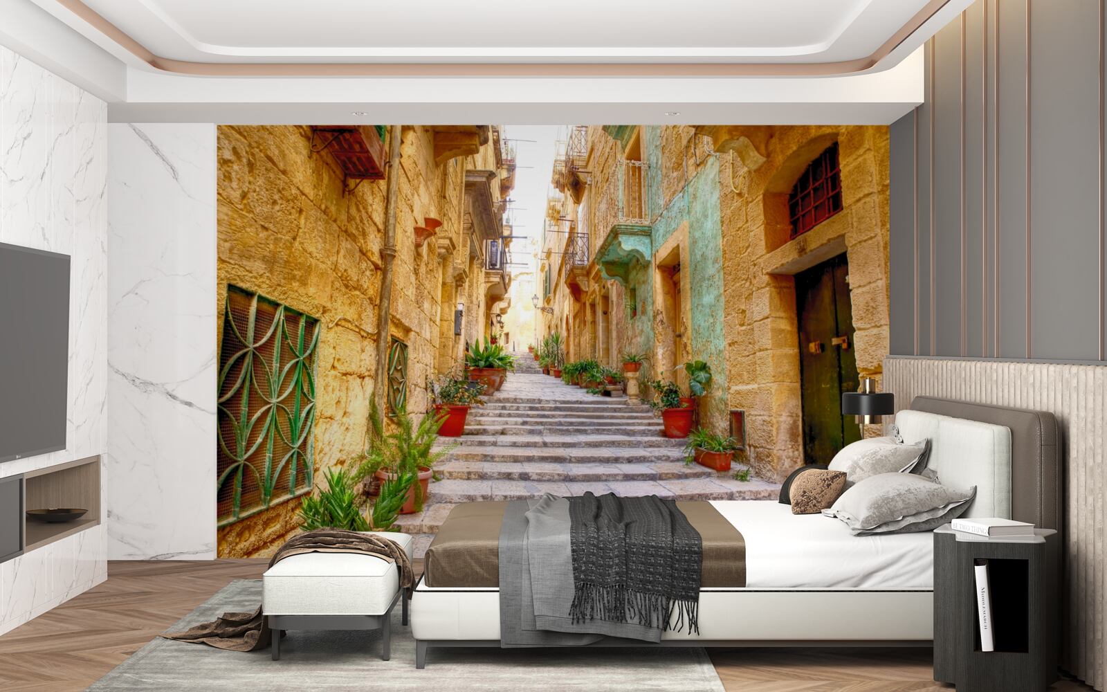 Fotobehang italiaanse straat versierd met bloemen is smal