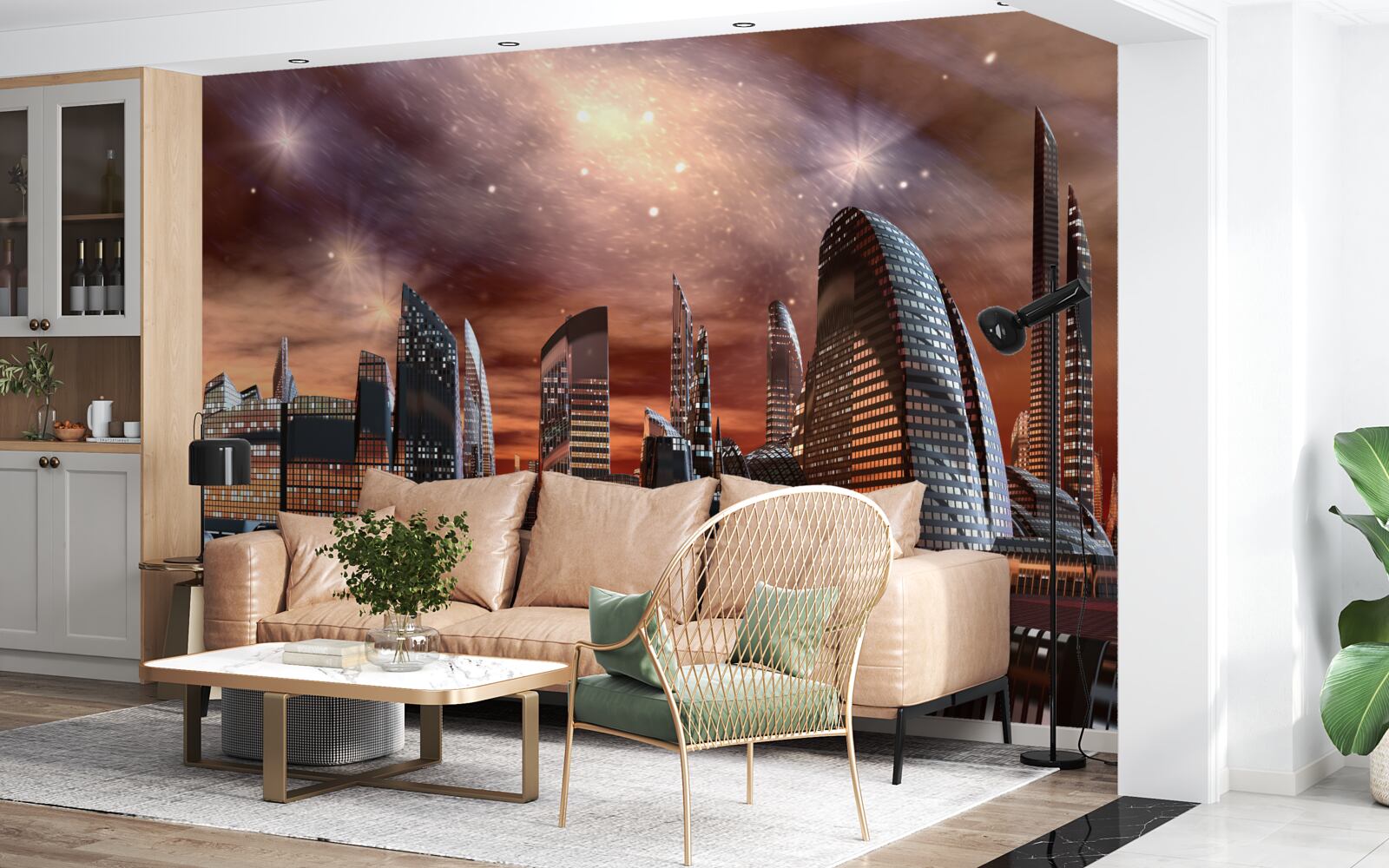 Fotobehang een stad onder een sterrenhemel