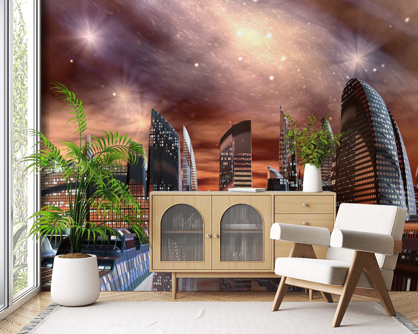 Fotobehang een stad onder een sterrenhemel