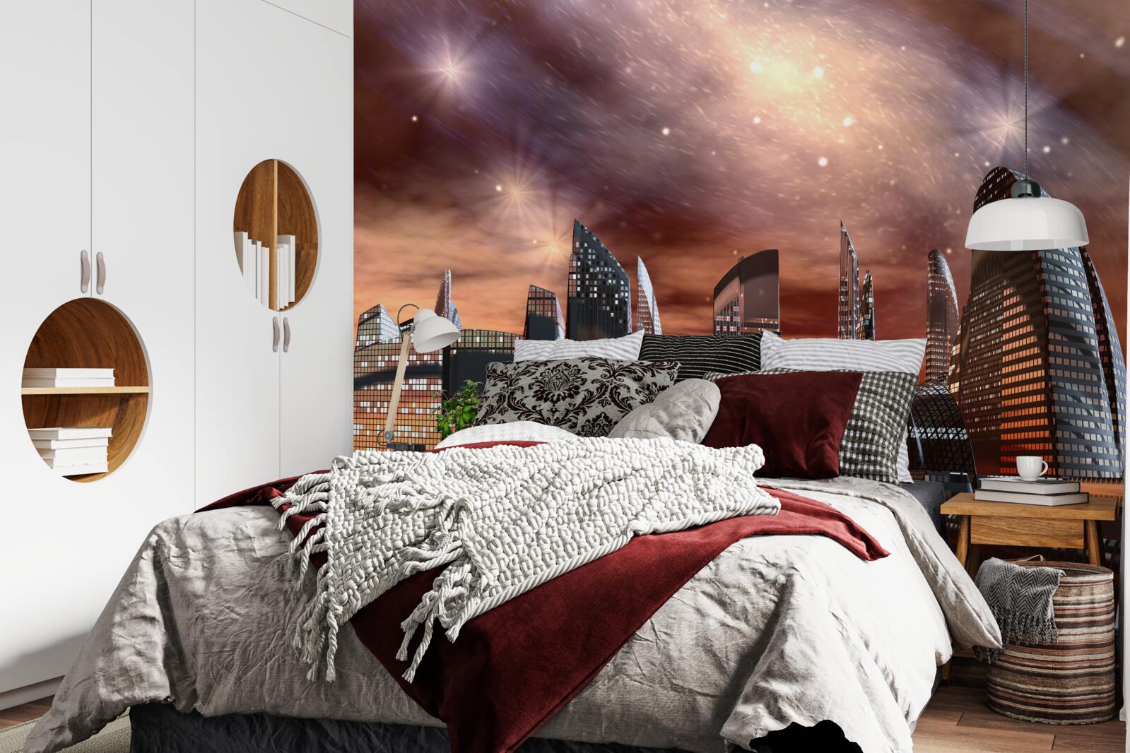 Fotobehang een stad onder een sterrenhemel