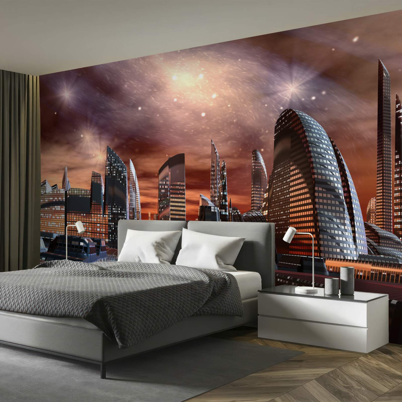 Fotobehang een stad onder een sterrenhemel