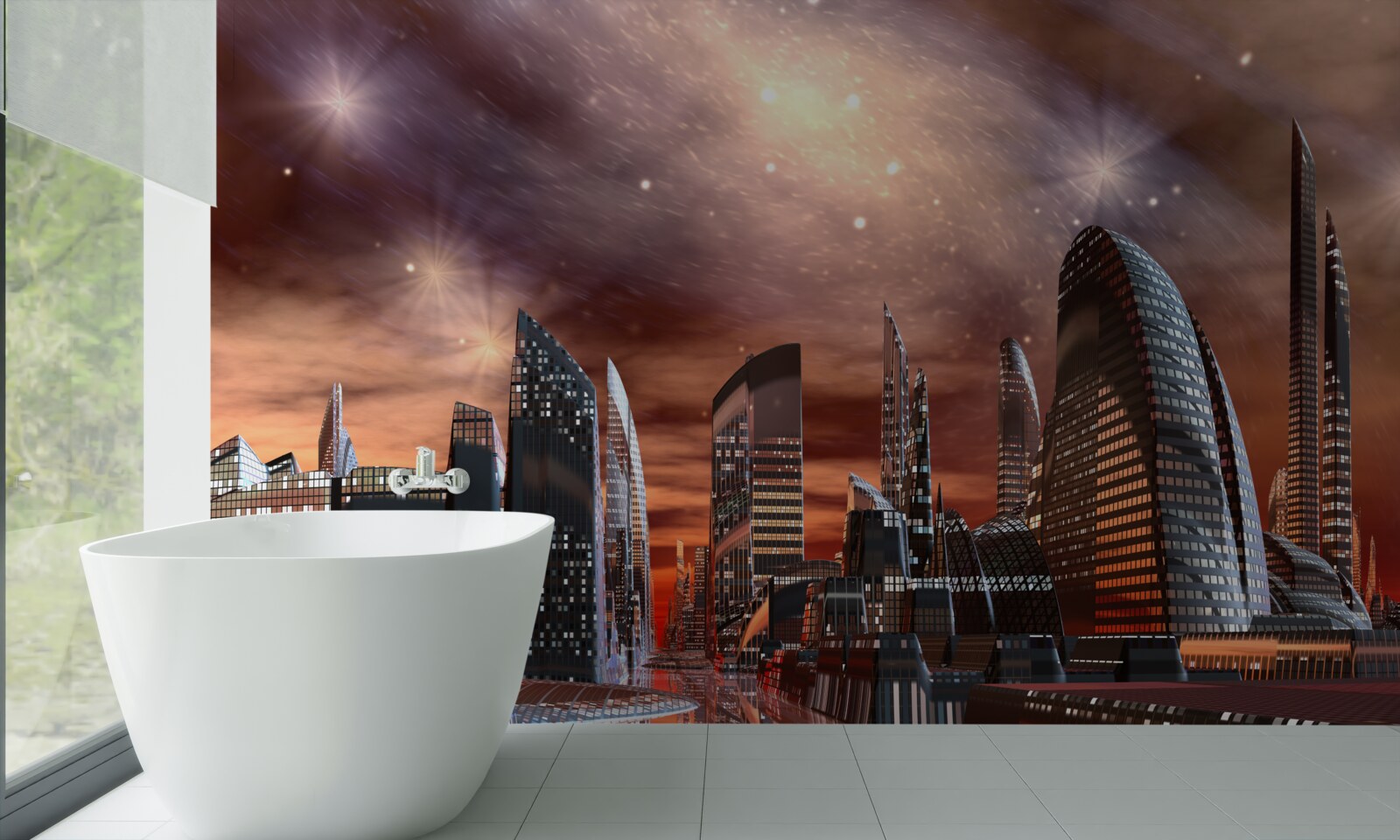 Fotobehang een stad onder een sterrenhemel