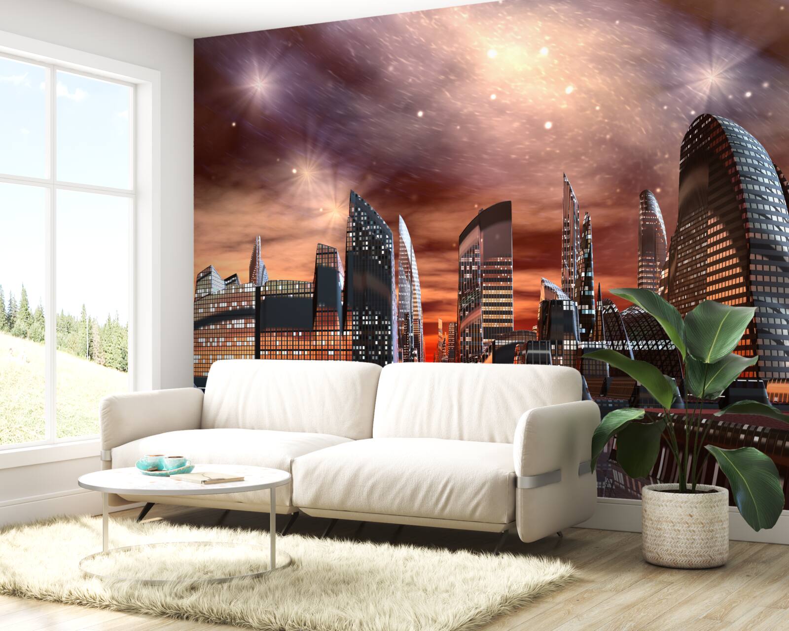 Fotobehang een stad onder een sterrenhemel