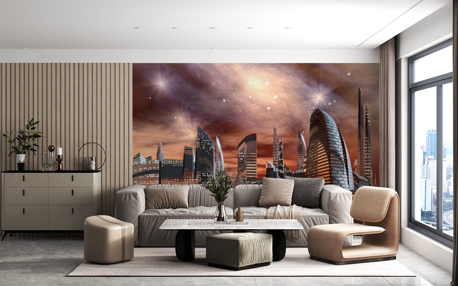 Fotobehang een stad onder een sterrenhemel