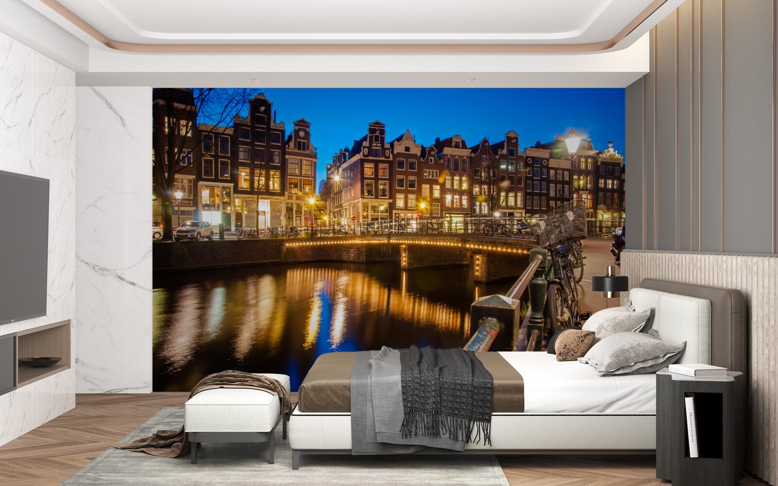 Fotobehang weerspiegeling van amsterdam in het water bij nacht