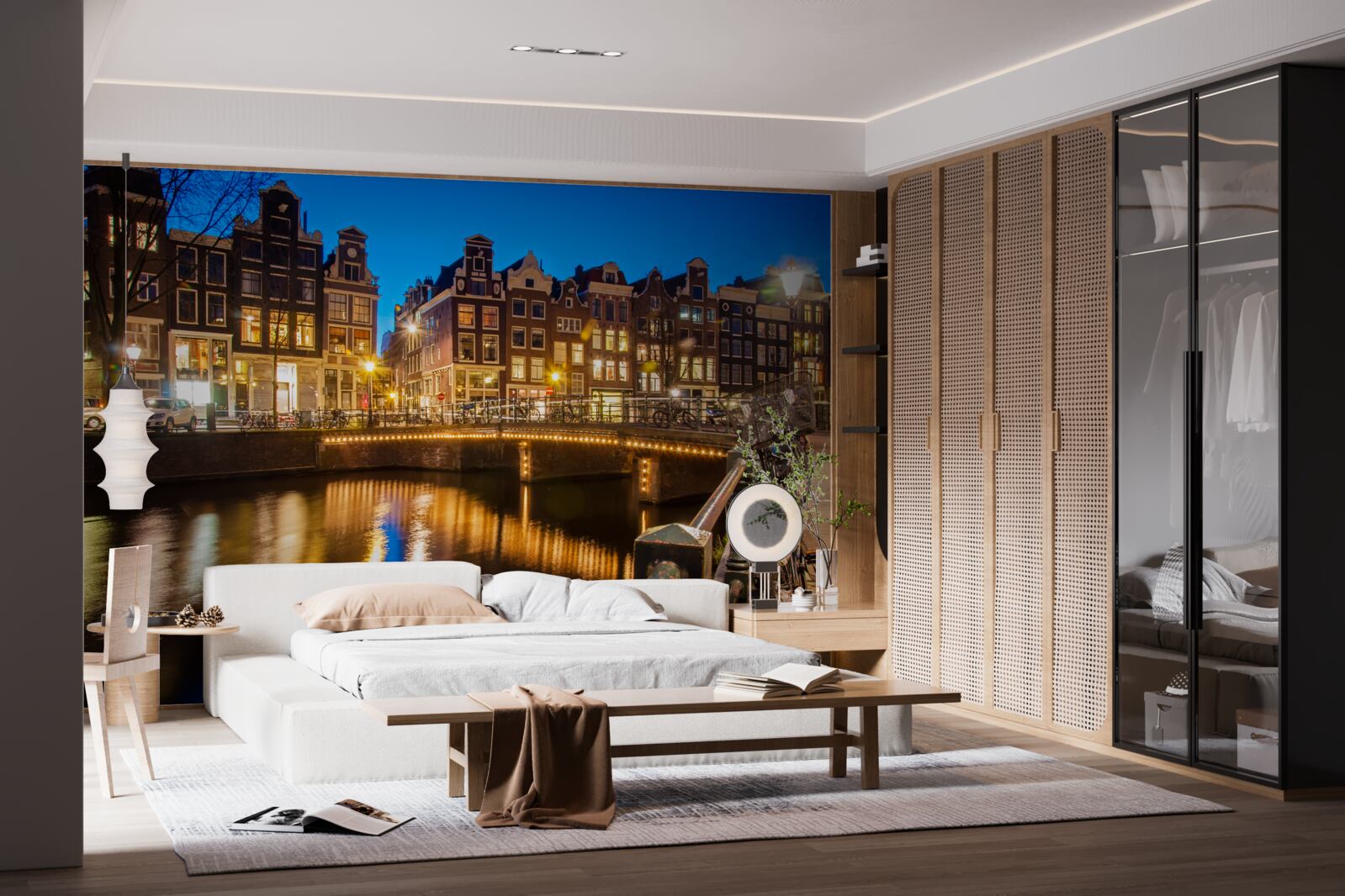 Fotobehang weerspiegeling van amsterdam in het water bij nacht