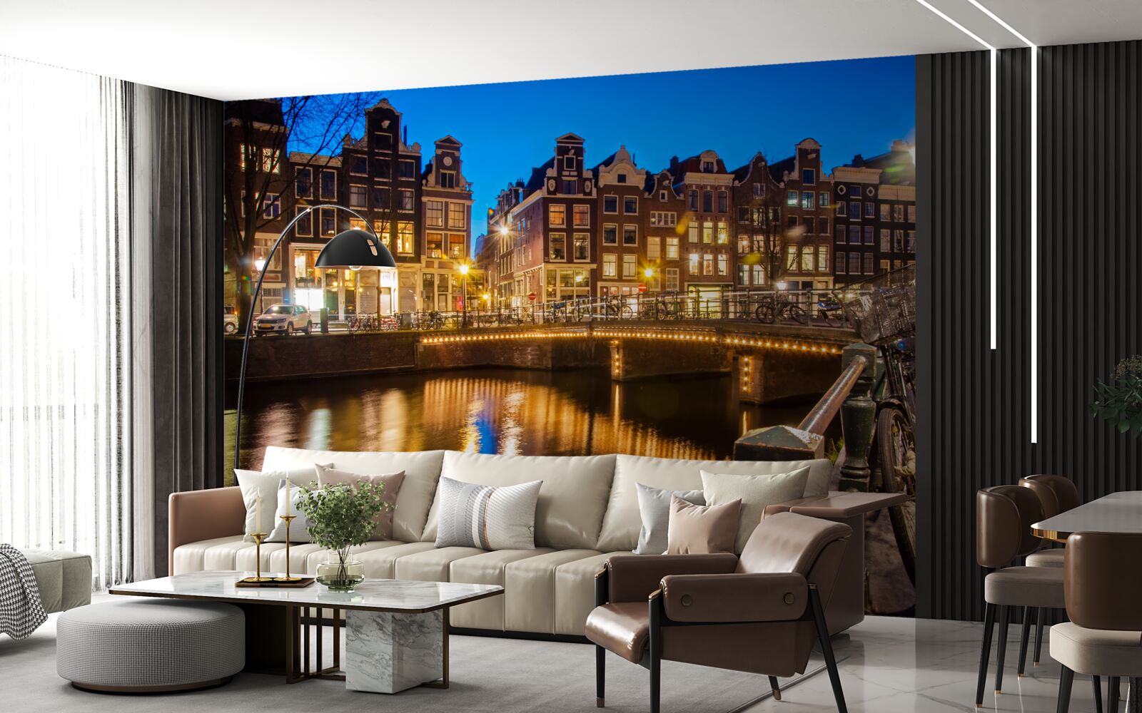 Fotobehang weerspiegeling van amsterdam in het water bij nacht