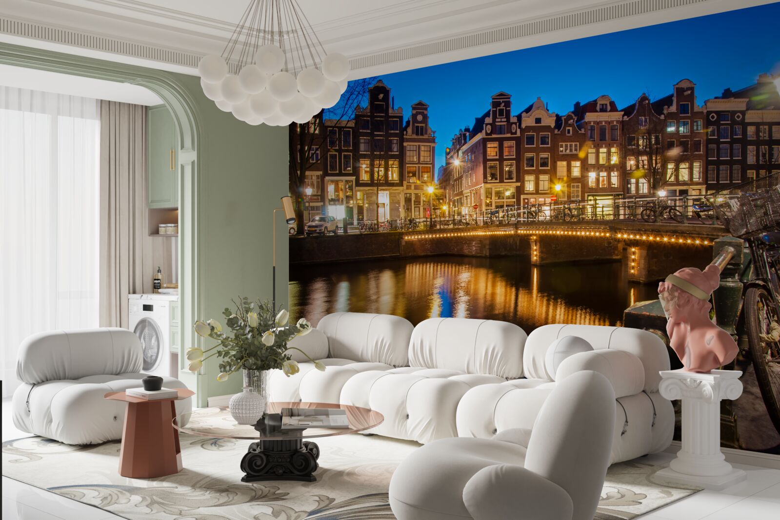 Fotobehang weerspiegeling van amsterdam in het water bij nacht