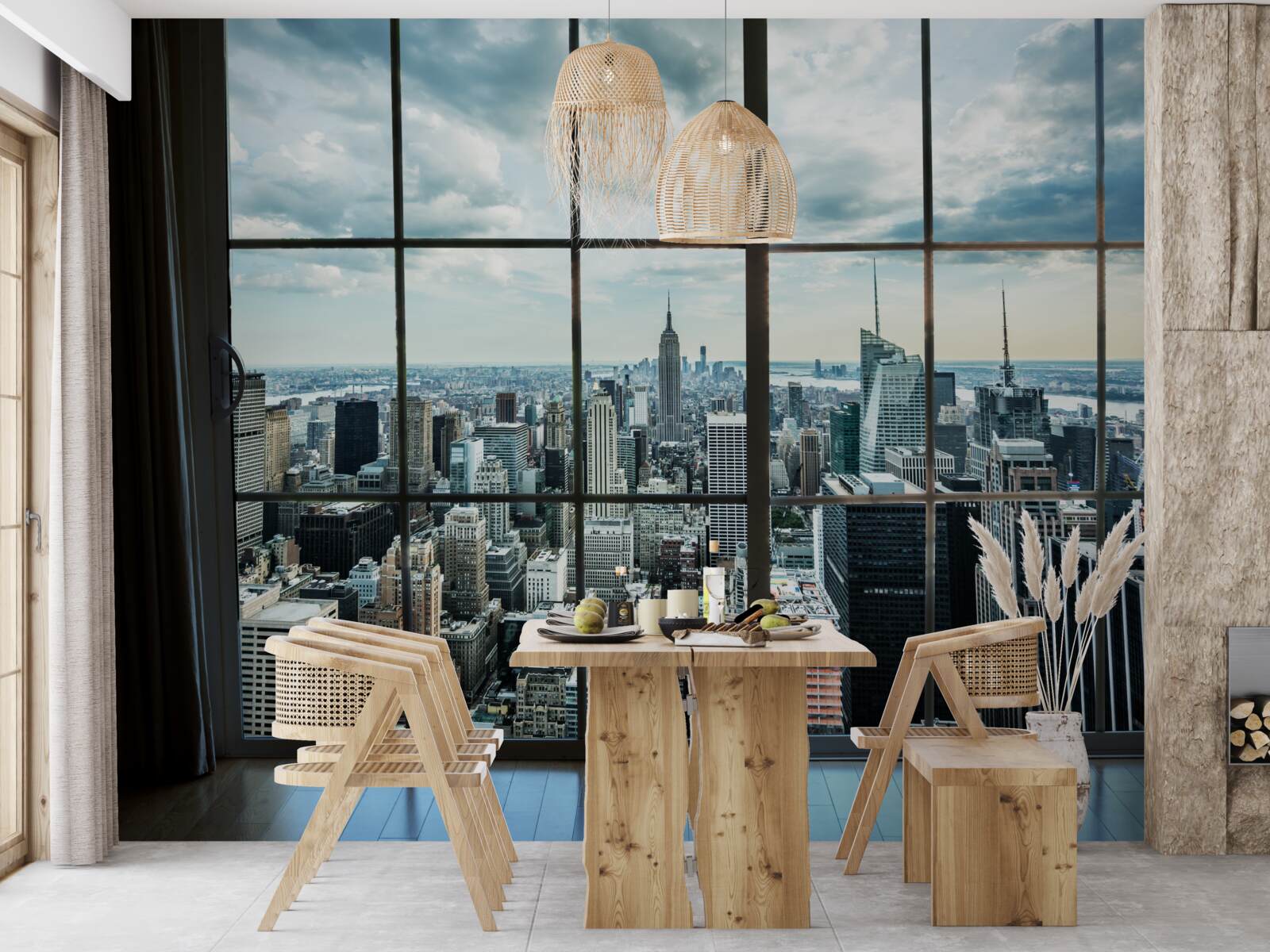 Fotobehang panorama van new york vanuit het raam