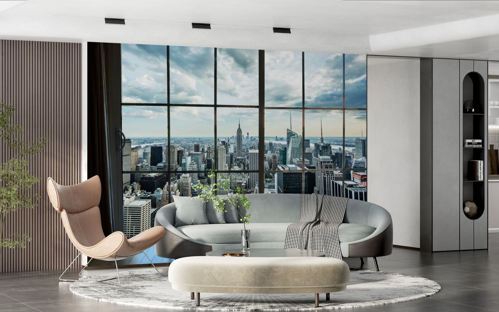 Fotobehang panorama van new york vanuit het raam