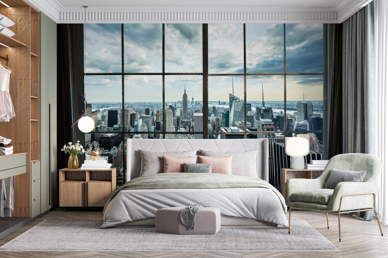 Fotobehang panorama van new york vanuit het raam