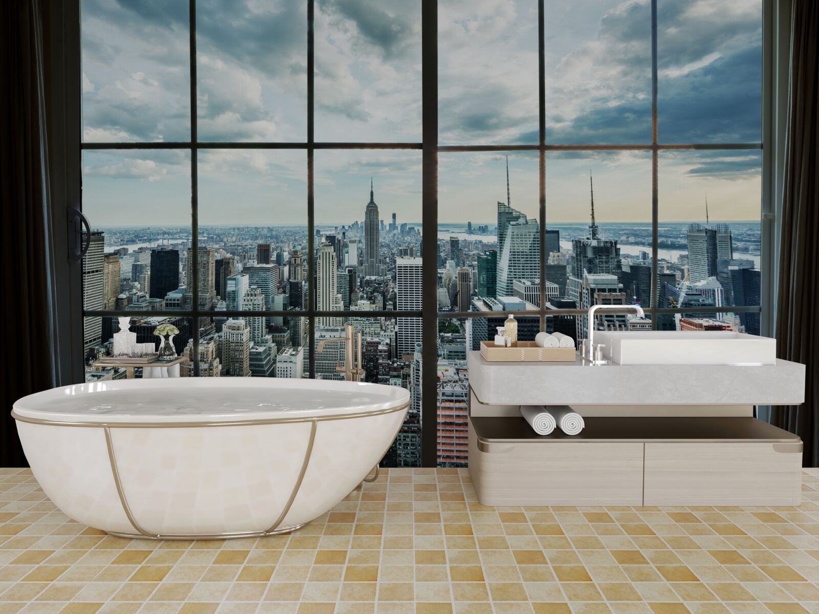 Fotobehang panorama van new york vanuit het raam