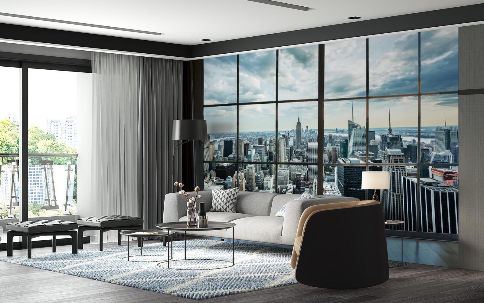 Fotobehang panorama van new york vanuit het raam