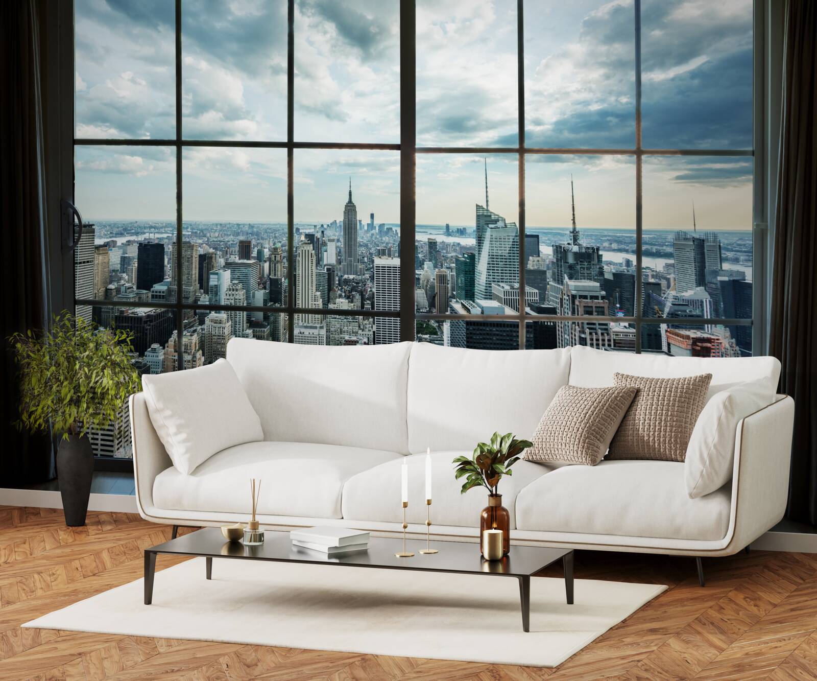 Fotobehang panorama van new york vanuit het raam