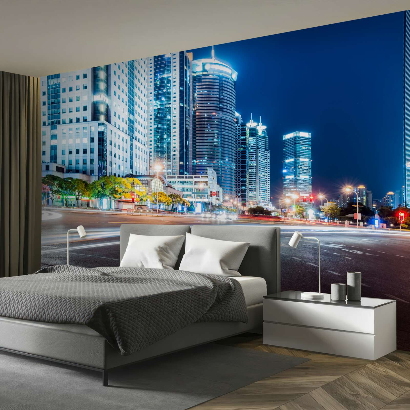 Fotobehang nachtelijke stadssnelweg zonder een enkele ziel