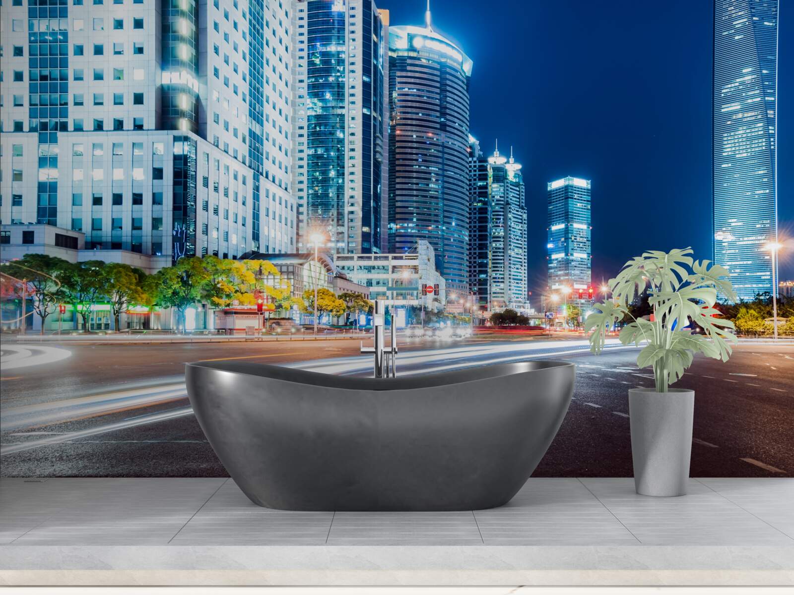 Fotobehang nachtelijke stadssnelweg zonder een enkele ziel