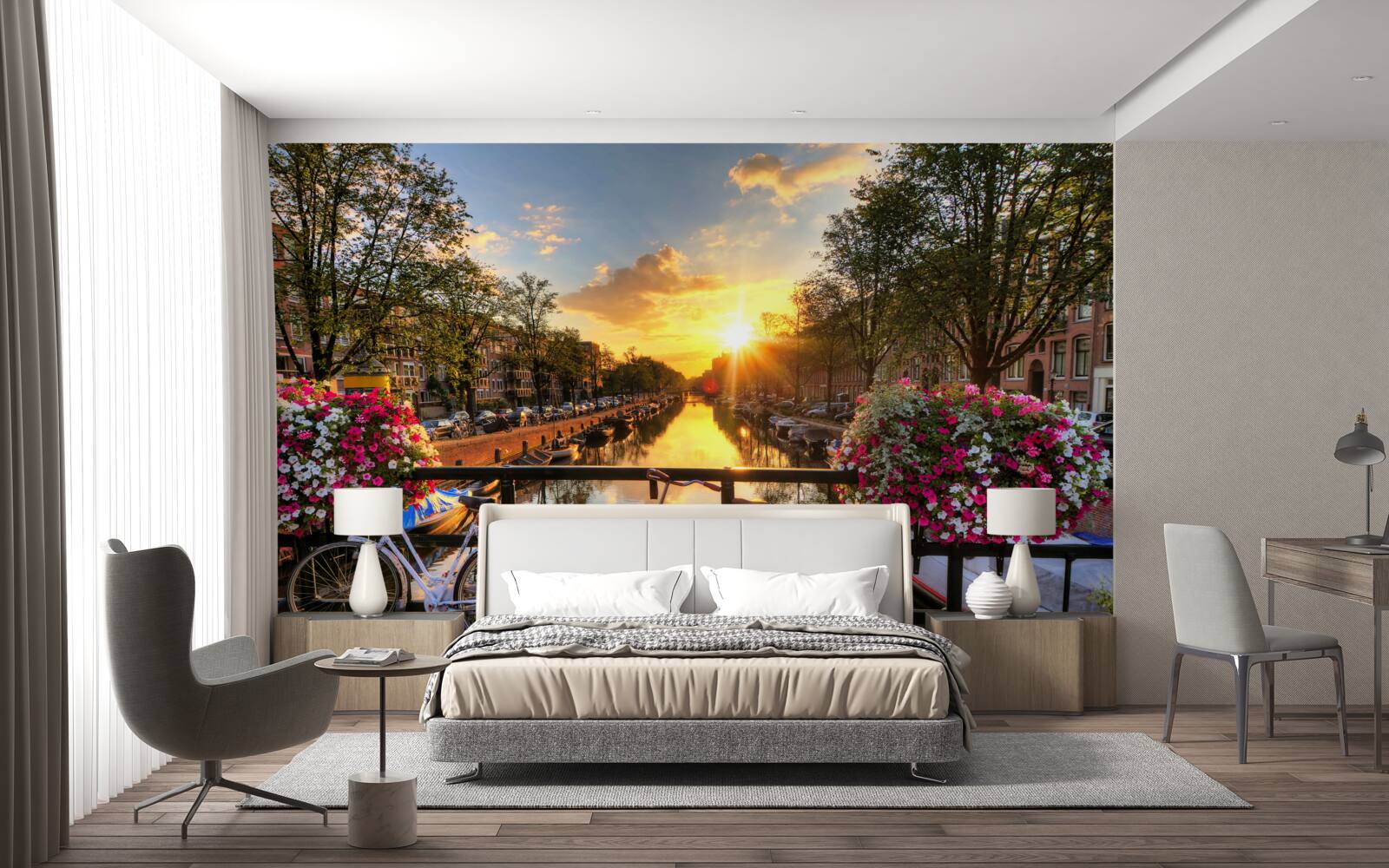 Fotobehang zonsondergang in amsterdam met fietsen op de achtergrond