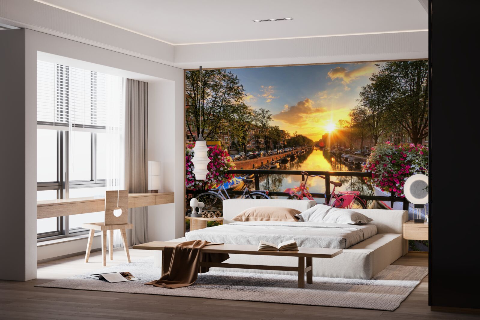 Fotobehang zonsondergang in amsterdam met fietsen op de achtergrond