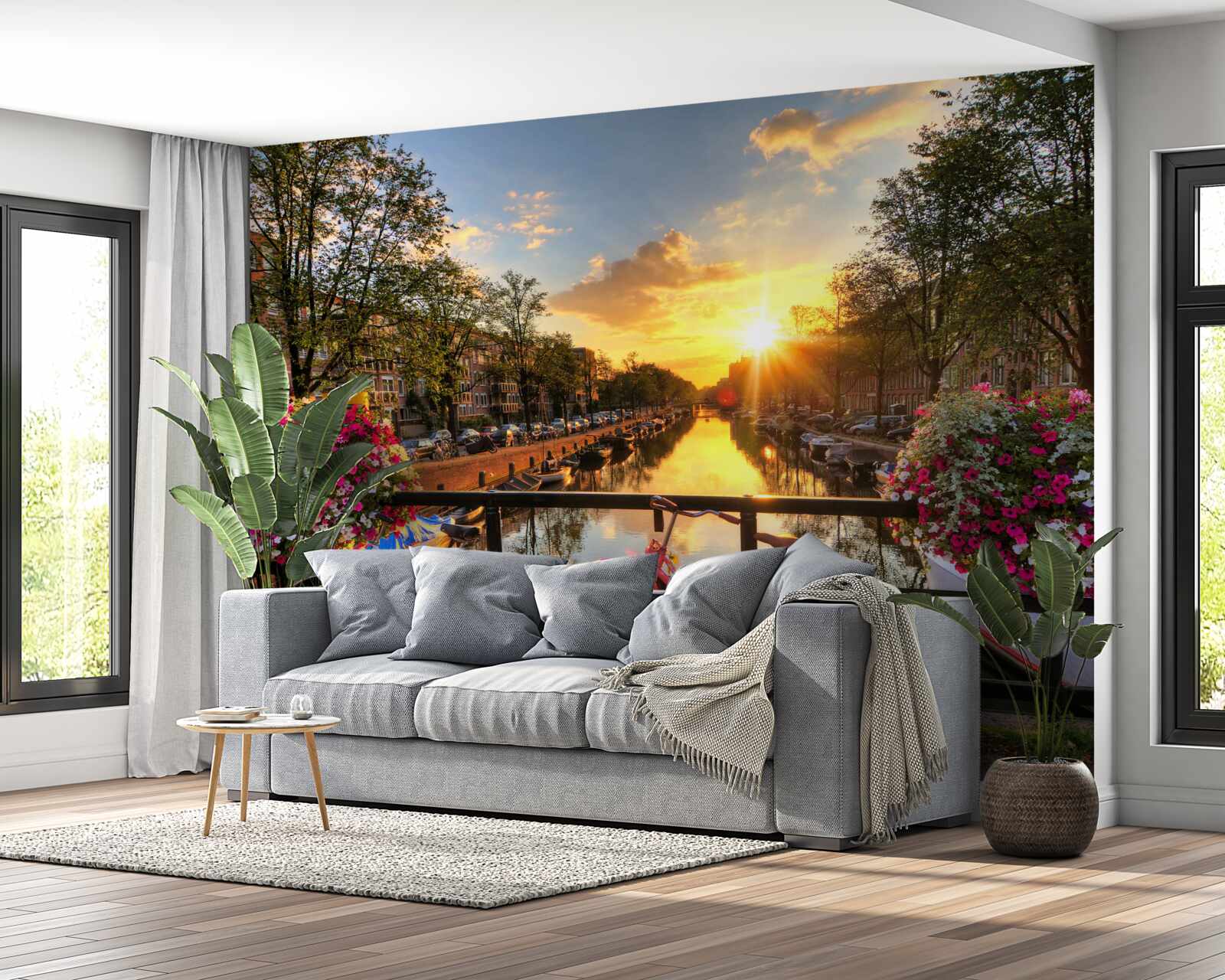 Fotobehang zonsondergang in amsterdam met fietsen op de achtergrond