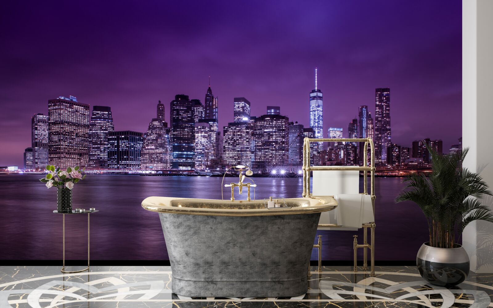 Fotobehang veel brandende lichten in de ramen van wolkenkrabbers