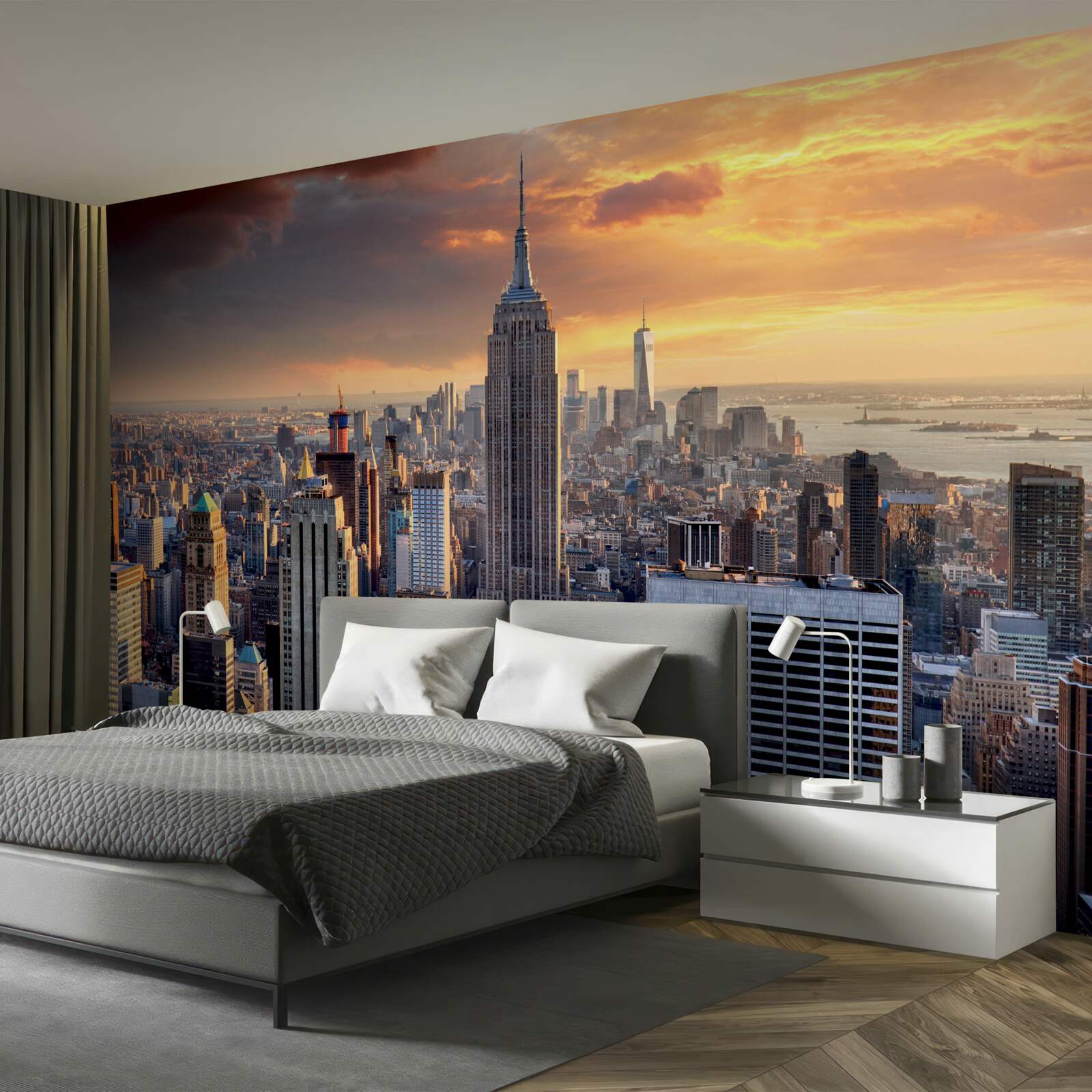 Fotobehang de zon gaat onder boven new york