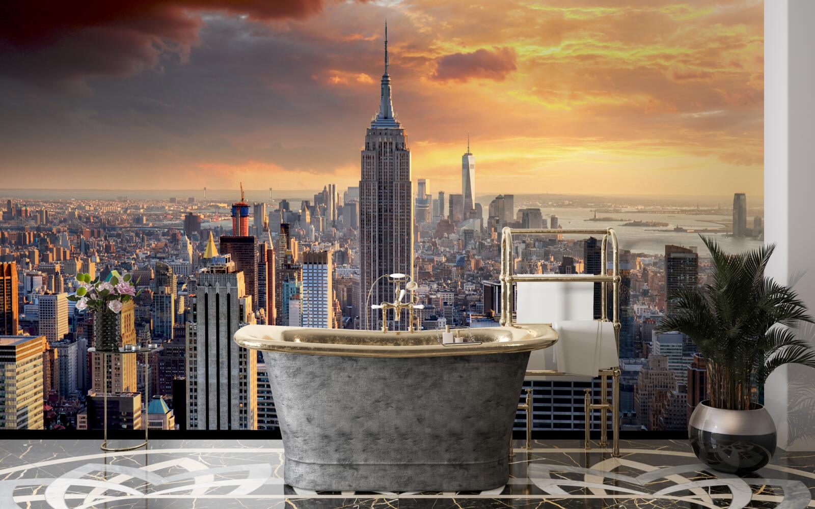 Fotobehang de zon gaat onder boven new york