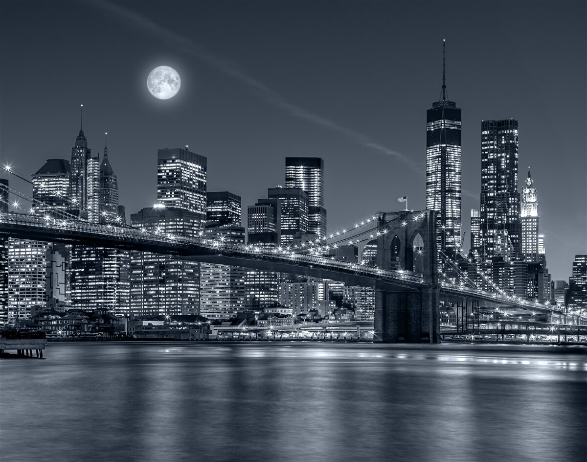 Fotobehang zwart-wit new york in het licht van de volle maan