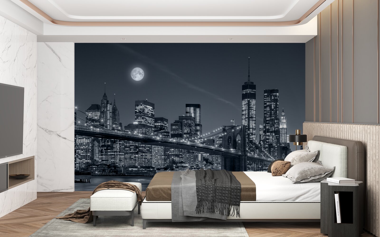 Fotobehang zwart-wit new york in het licht van de volle maan