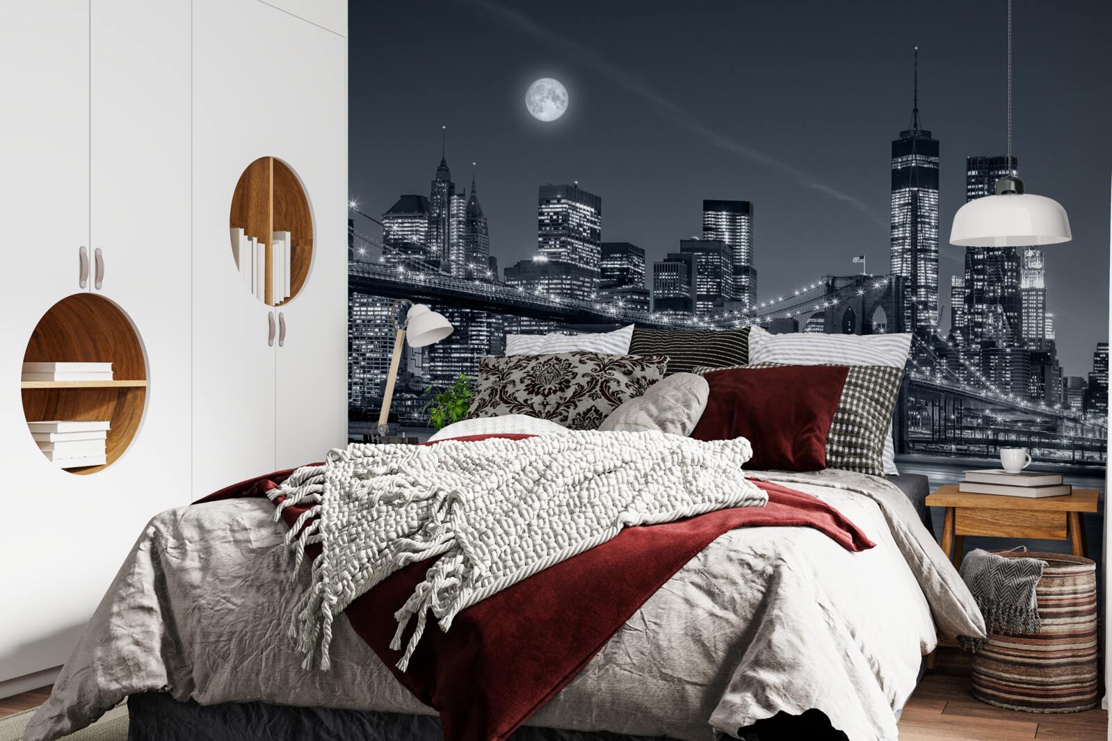 Fotobehang zwart-wit new york in het licht van de volle maan